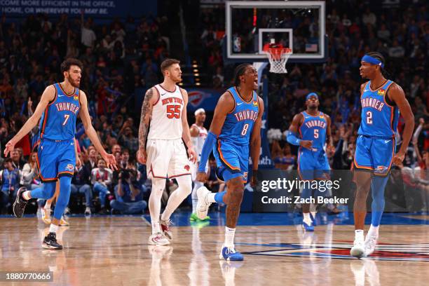 Jalen Williams of the Oklahoma City Thunder celebrates during the game against the New York Knicks on December 27, 2023 at Paycom Arena in Oklahoma...