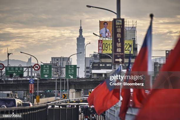 Campaign poster for Chang Hung-lu, a legislative member candidate for the Democratic Progressive Party , near the Taipei 101 building in Taipei,...