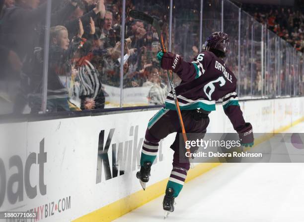 Jamie Drysdale of the Anaheim Ducks celebrates a goal in the first period of the game against the Vegas Golden Knights on December 27, 2023 at Honda...