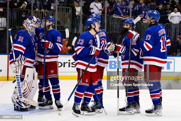 The New York Rangers celebrate their victory in the National Hockey League game between the Washington Capitals and the New York Rangers on December...