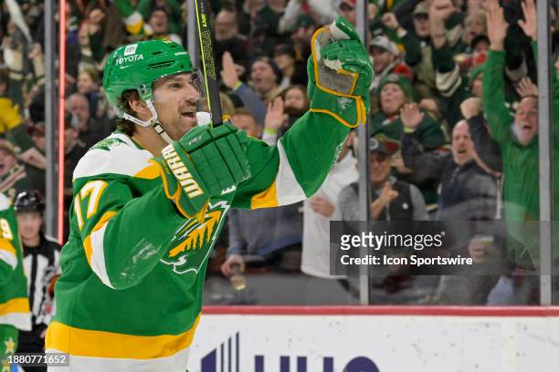 Minnesota Wild Left Wing Marcus Foligno celebrates his goal during the third period of an NHL game between the Minnesota Wild and Detroit Red Wings...
