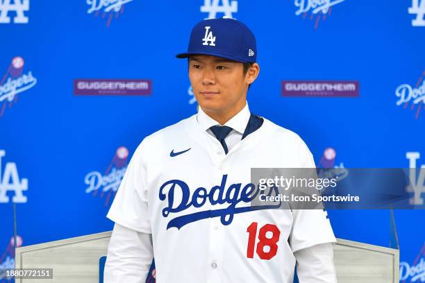 Newly acquired Los Angeles Dodgers pitcher Yoshinobu Yamamoto is introduced at a press conference on December 27, 2023 at Dodger Stadium in Los...