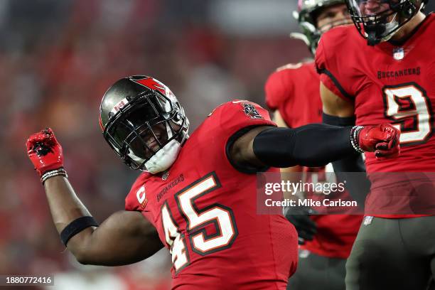 Devin White of the Tampa Bay Buccaneers celebrates a tackle against the Jacksonville Jaguars during the fourth quarter at Raymond James Stadium on...