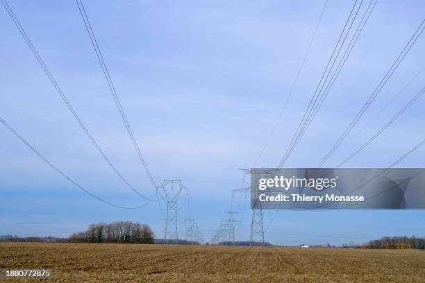 Transmission tower and Electric power transmission cables stretch as far as the eye can see on December 27 in Bransles, Seine-et-Marne, France.