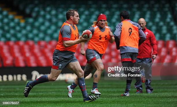 Wales player Gethin Jenkins in action during Wales training ahead of their match against the Argentina Pumas where Jenkins will win his 100th cap at...