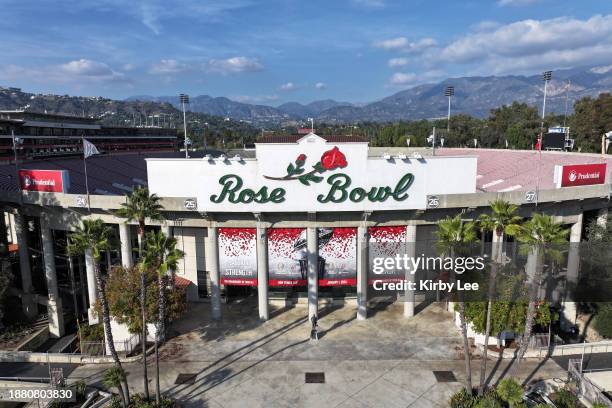 The Rose Bowl Stadium facade prior to the CFP Semifinal between the Alabama Crimson Tide and Michigan Wolverines on December 24, 2023 in Pasadena,...