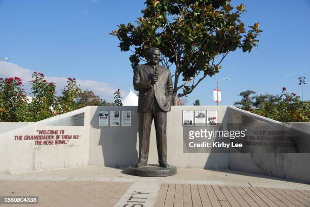 Statue of broadcaster Keith Jackson at the Rose Bowl Stadium on December 24, 2023 in Pasadena, California.