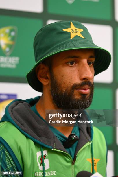 Shan Masood of Pakistan speaks to media during an Australian Test squad nets session at Melbourne Cricket Ground on December 25, 2023 in Melbourne,...