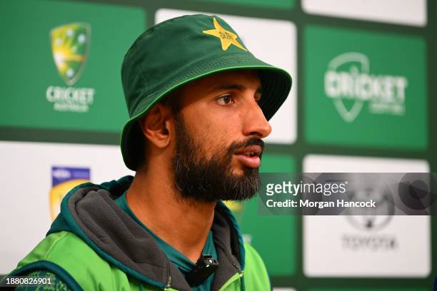 Shan Masood of Pakistan speaks to media during an Australian Test squad nets session at Melbourne Cricket Ground on December 25, 2023 in Melbourne,...