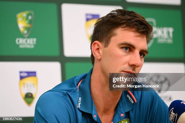 Pat Cummins speaks to media during an Australian Test squad nets session at Melbourne Cricket Ground on December 25, 2023 in Melbourne, Australia.