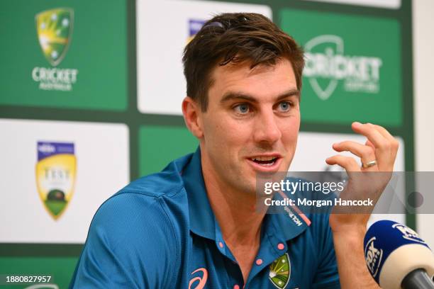 Pat Cummins speaks to media during an Australian Test squad nets session at Melbourne Cricket Ground on December 25, 2023 in Melbourne, Australia.