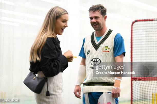 Travis Head reacts during an Australian Test squad nets session at Melbourne Cricket Ground on December 25, 2023 in Melbourne, Australia.