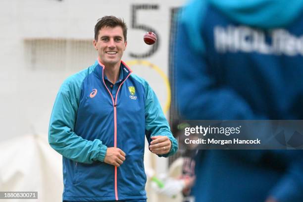 Pat Cummins reacts during an Australian Test squad nets session at Melbourne Cricket Ground on December 25, 2023 in Melbourne, Australia.