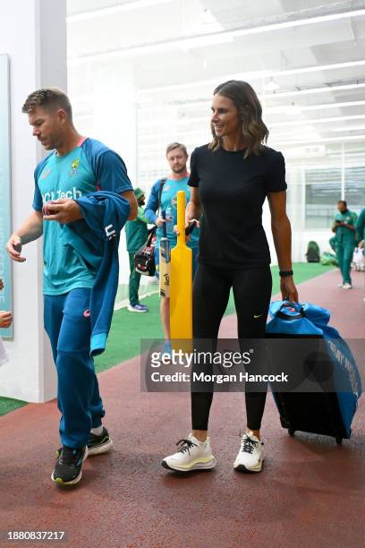 David Warner and Candice Warner leave an Australian Test squad nets session at Melbourne Cricket Ground on December 25, 2023 in Melbourne, Australia.