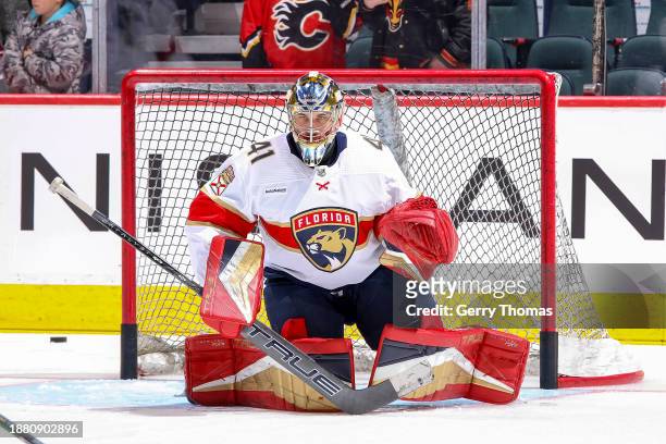 Anthony Stolarz the Florida Panthers makes a save during warmup prior to the game against the Calgary Flames at Scotiabank Saddledome on December 18,...