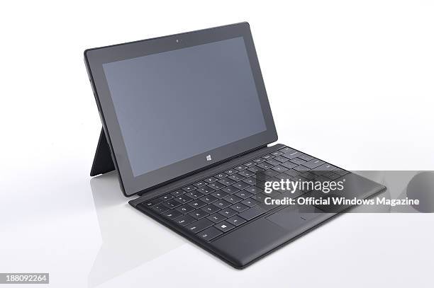 Microsoft Surface Pro tablet PC with a keyboard photographed on a white background, taken on April 4, 2013.