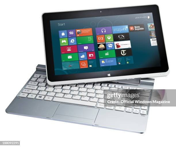 An Acer Iconia W510 tablet PC and keyboard photographed on a white background, taken on January 16, 2013.