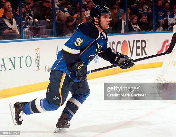 Jaden Schwartz of the St. Louis Blues skates against the Phoenix Coyotes on November 12, 2013 at Scottrade Center in St. Louis, Missouri.