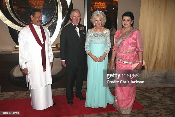 President Mahinda Rajapaksa's wife Shiranthi Wickremasinghe and President Mahinda Rajapaksa of Sri Lanka pose with Camilla, Duchess of Cornwall and...