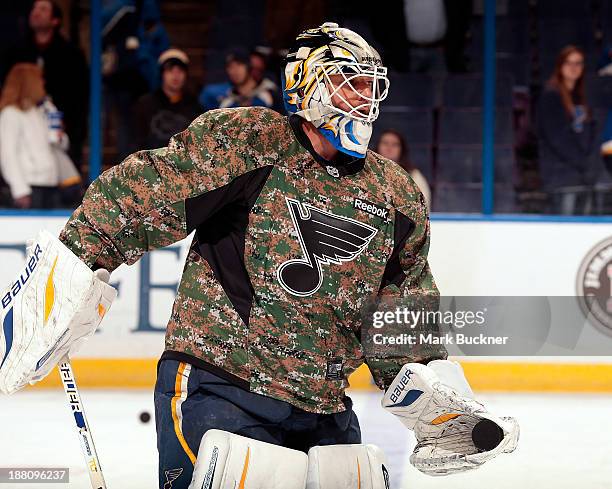 Goalie Brian Elliott warms up prior to a game against the Phoenix Coyotes on November 12, 2013 at Scottrade Center in St. Louis, Missouri. The...