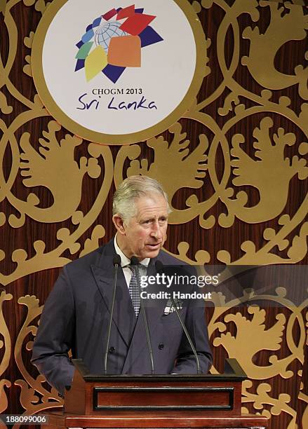 In this handout photo provided by Sri Lankan Government, Prince Charles, Prince of Wales speaks during the opening ceremony of the Commonwealth Heads...