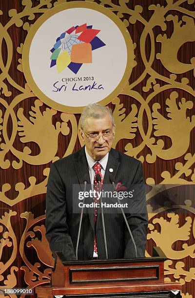 In this handout photo provided by Sri Lankan Government, Commonwealth Secretary General Kamalesh Sharma speaks during the opening ceremony of the...