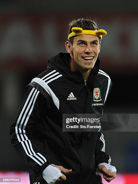 Wales player Gareth Bale in action wearing a set of Pudsey ears as part of the BBC Children In Need Charity campaign, during Wales training ahead of...