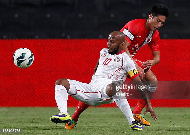 Hong kong's Fofo fights for the ball with UAE's Ismaeil Matar during their AFC Asian Cup 2015 qualifiers football match at the Mohammed bin Zayed...