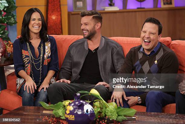 Karla Martinez, Ricky Martin and Raul Gonzalez are seen on the set of Despierta America at Univision Headquarters on November 15, 2013 in Miami,...