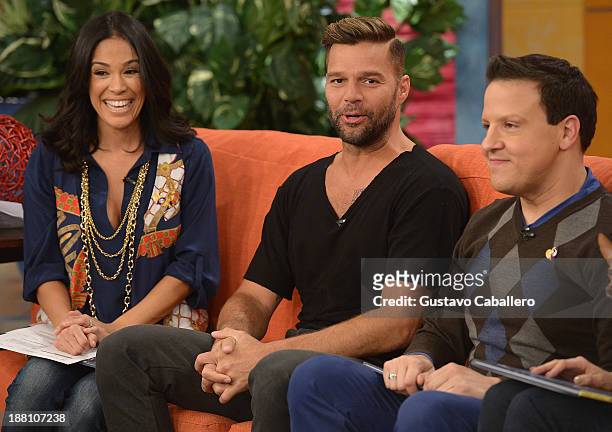 Karla Martinez, Ricky Martin and Raul Gonzalez, are seen on the set of Univisions "Despierta America" on November 15, 2013 in Miami, United States.