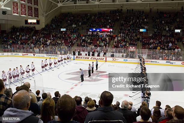 The Boston College Eagles get ready to play against the Army Black Knights in NCAA hockey action at Kelley Rink in Conte Forum on November 10, 2013...