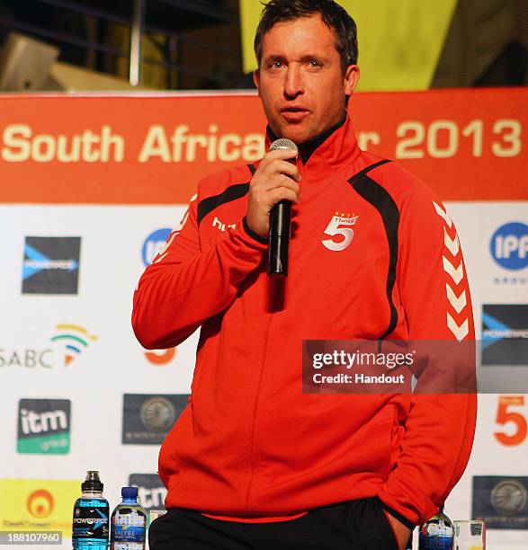 In this handout image, Robbie Fowler speaks during the Liverpool FC Legends and Kaizer Chiefs Legends autograph session at Suncoast Casino and...