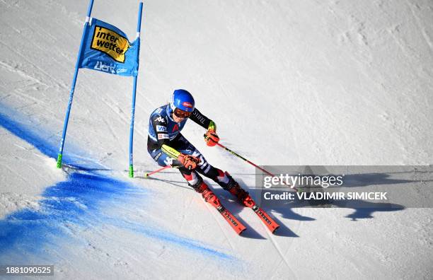 Mikaela Shiffrin competes in the first run of the Women's Giant Slalom race at the FIS Alpine Skiing World Cup event on December 28, 2023 in Lienz,...