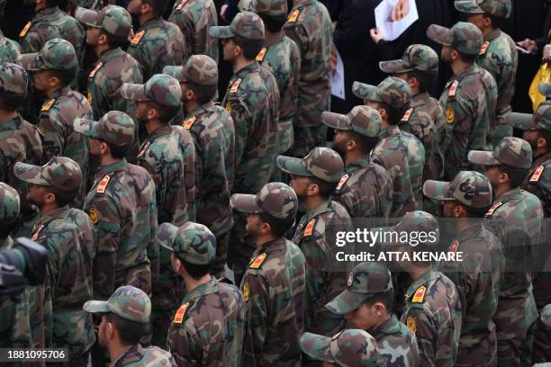 Revolutionary Guard Corps cadets attend the funeral of Razi Moussavi, a senior commander in the Quds Force of Iran's Islamic Revolutionary Guard...