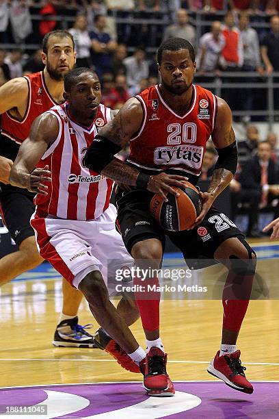 Omar Cook, #20 of Lietuvos Rytas Vilnius competes with Demarcus Nelson, #20 of Crvena Zvezda Telekom Belgrade during the 2013-2014 Turkish Airlines...