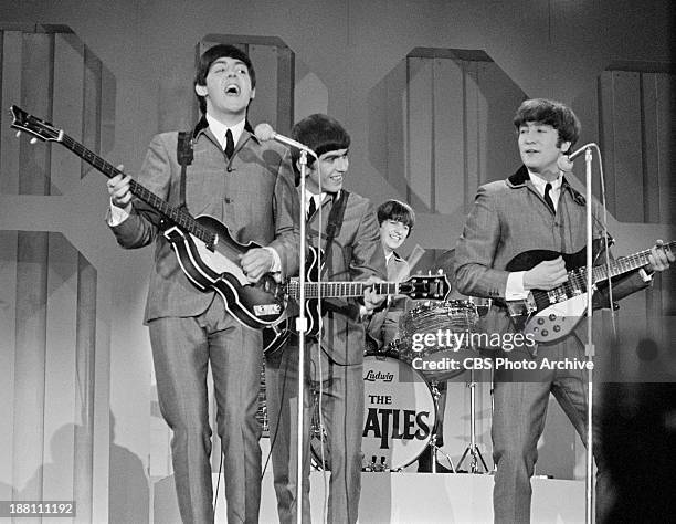 The Beatles perform in the Deauville Hotel, Miami Beach, Florida for THE ED SULLIVAN SHOW. From left: Paul McCartney, George Harrison, Ringo Starr...