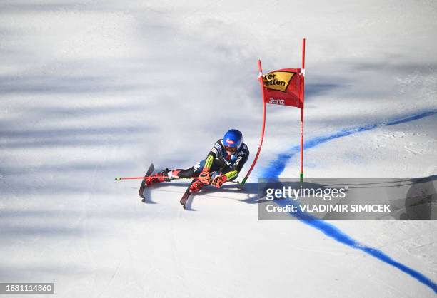 Mikaela Shiffrin competes in the first run of the Women's Giant Slalom race at the FIS Alpine Skiing World Cup event on December 28, 2023 in Lienz,...