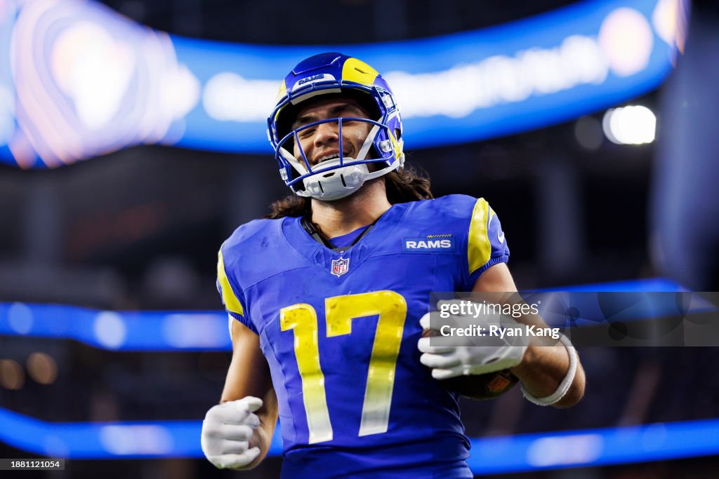 Puka Nacua of the Los Angeles Rams celebrates after a run during an ...