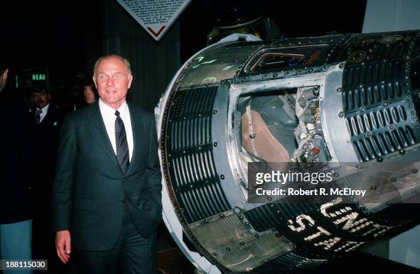 During his campaign for the Democratic Presidential nomination, American politician and former astronaut Senator John Glenn poses beside the...