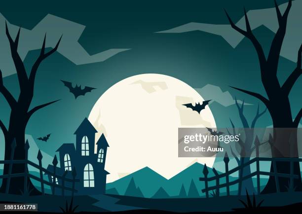 horizontal halloween background illustration in flat style - full moon wallpaper stock illustrations