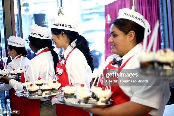 General view of atmosphere during the ribbon cutting ceremony of new Ghirardelli Soda Fountain and Chocolate Shop on November 15, 2013 in Hollywood,...