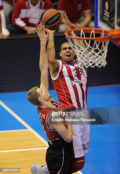 Blake Schilb, #33 of Crvena Zvezda Telekom Belgrade in action during the 2013-2014 Turkish Airlines Euroleague Regular Season Date 5 game between...