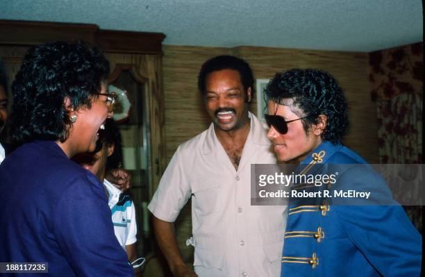 In a hotel room during the 1984 Democratic National Convention, American sibling pop singers Marlon and Michael Jackson attend a press conference...