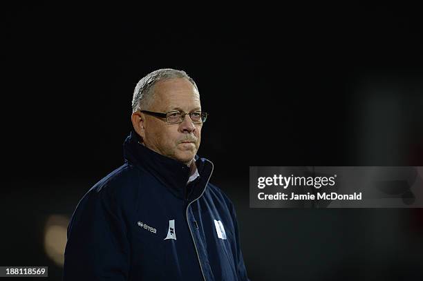 Head coach of Iceland Lars Largerback looks on during the FIFA 2014 World Cup Qualifier Play-off First Leg match between Iceland and Croatia at the...