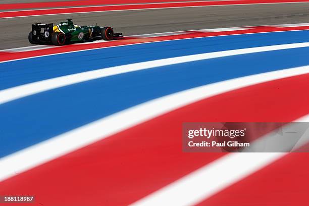 Charles Pic of France and Caterham drives during practice for the United States Formula One Grand Prix at Circuit of The Americas on November 15,...