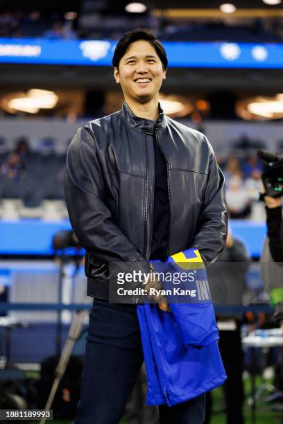 Shohei Ohtani of the Los Angeles Dodgers is seen before an NFL game between the Los Angeles Rams and the New Orleans Saints at SoFi Stadium on...