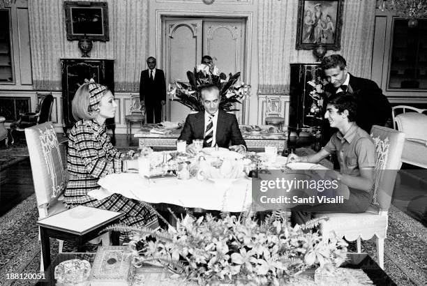 Farah Diba-Shah of Iran-Prince Ciro having lunch on June 15, 1977 in Tehran, Iran.