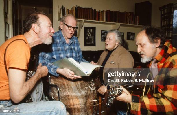 From left, American folk musicians Pete Seeger, Lee Hays , Ronnie Gilbert, and Fred Hellerman, rehearse for a reunion concert of their group, the...