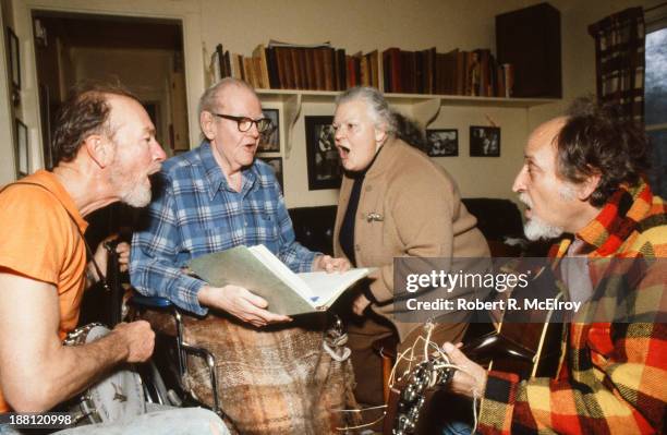 From left, American folk musicians Pete Seeger, Lee Hays , Ronnie Gilbert, and Fred Hellerman, rehearse for a reunion concert of their group, the...