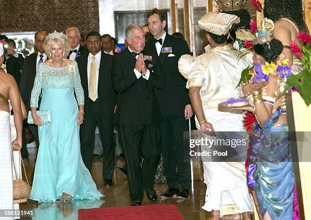 Camilla, Duchess of Cornwall and Prince Charles, Prince of Wales arrive at the CHOGM Dinner at the Cinnamon Lakeside Hotel during the Commonwealth...